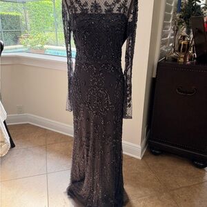 Adrianna Papell Black Beaded Long Sleeve Evening Gown